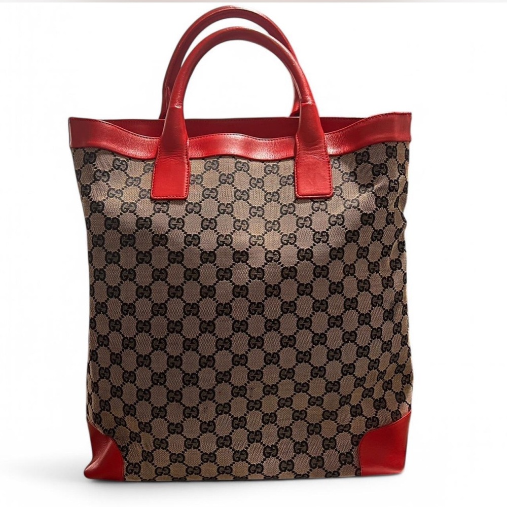 Gucci Red Leather and Brown GG Canvas Tote Bag